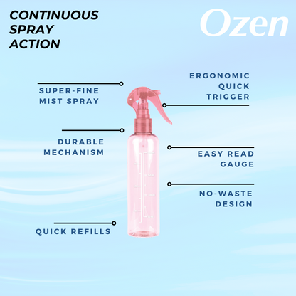 Ozen Mini Continuous Spray Bottle 8oz pink transparent with super-fine mist, ergonomic trigger, and easy-read measurement gauge