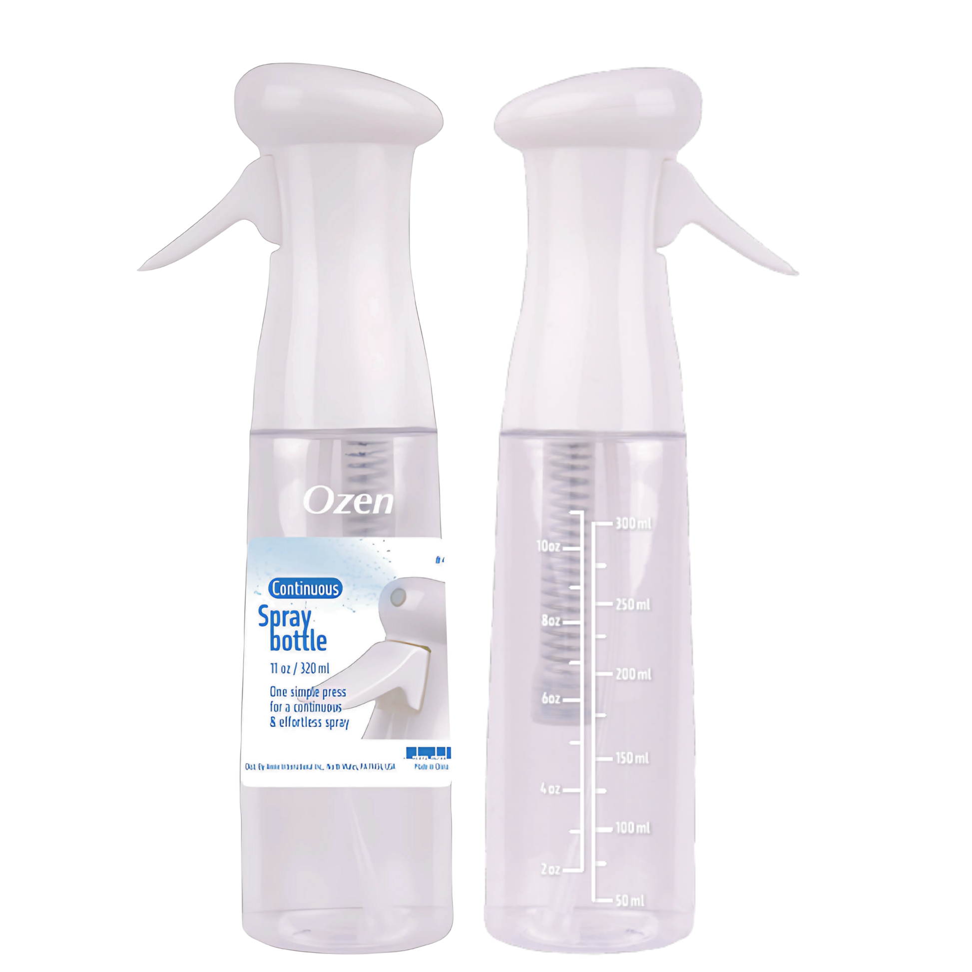Ozen Continuous Spray Bottle 11oz clear plastic with measurement markings for precise filling and continuous mist spray.