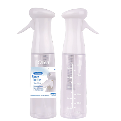 Ozen Continuous Spray Bottle 11oz clear plastic with measurement markings for precise filling and continuous mist spray.