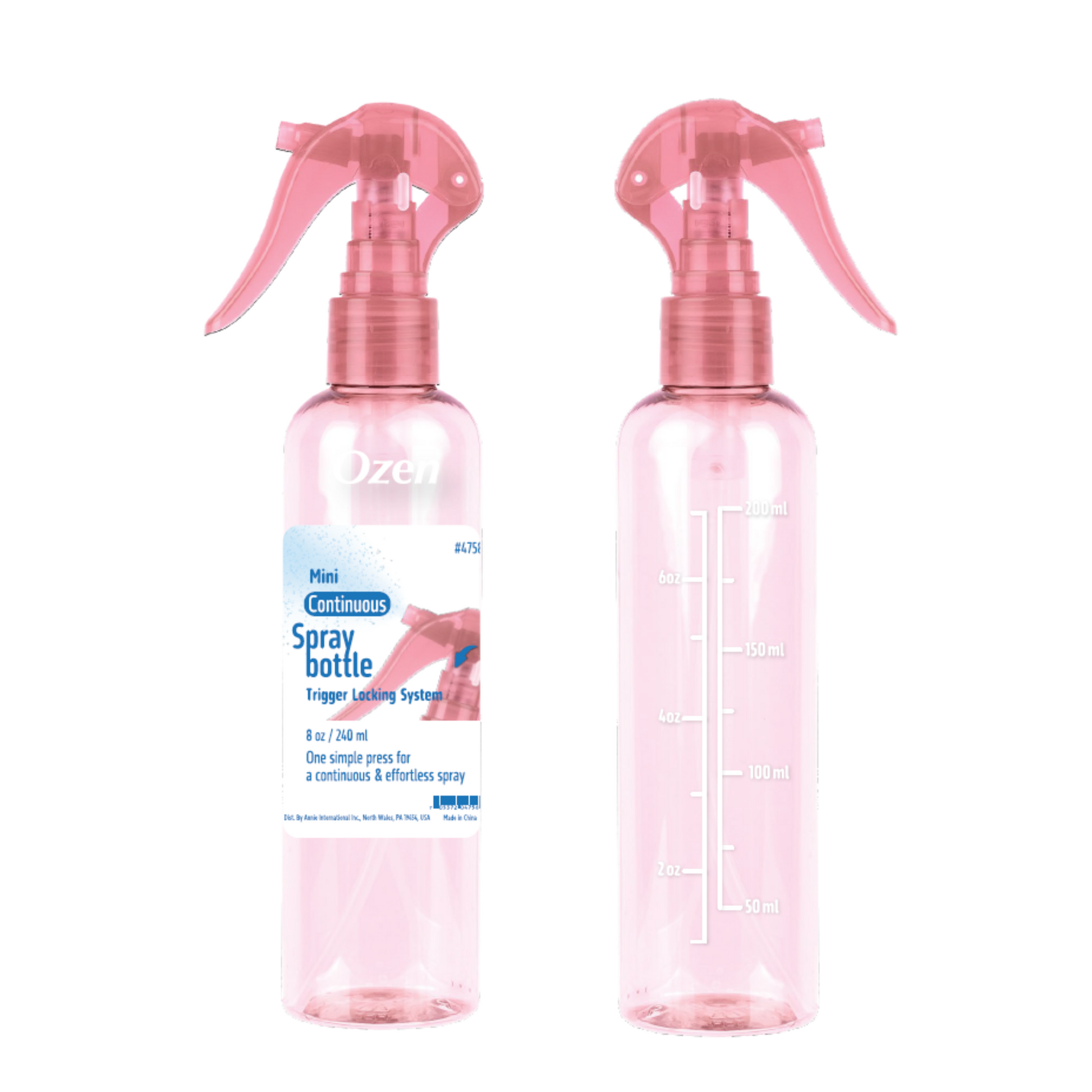 Ozen Mini Continuous Spray Bottle 8oz with pink transparent body and trigger locking system, marked measurements visible