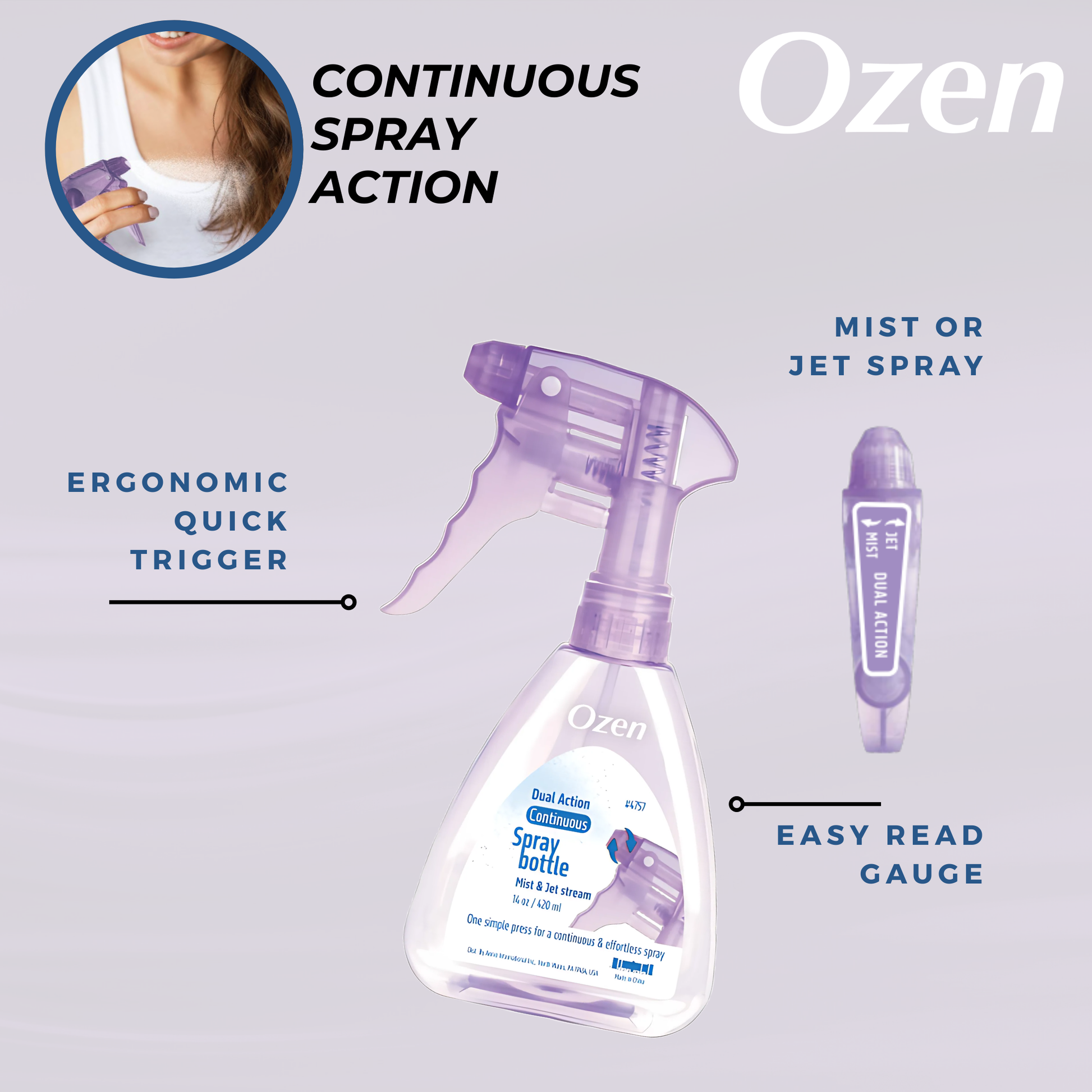 Ozen Dual Action Continuous Spray Bottle 14oz with ergonomic trigger, mist or jet spray, and easy read gauge in lavender transparent