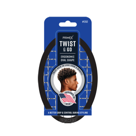 Black ergonomic oval-shaped comb for textured and natural hair, designed for easy twisting and styling with a better grip and control.