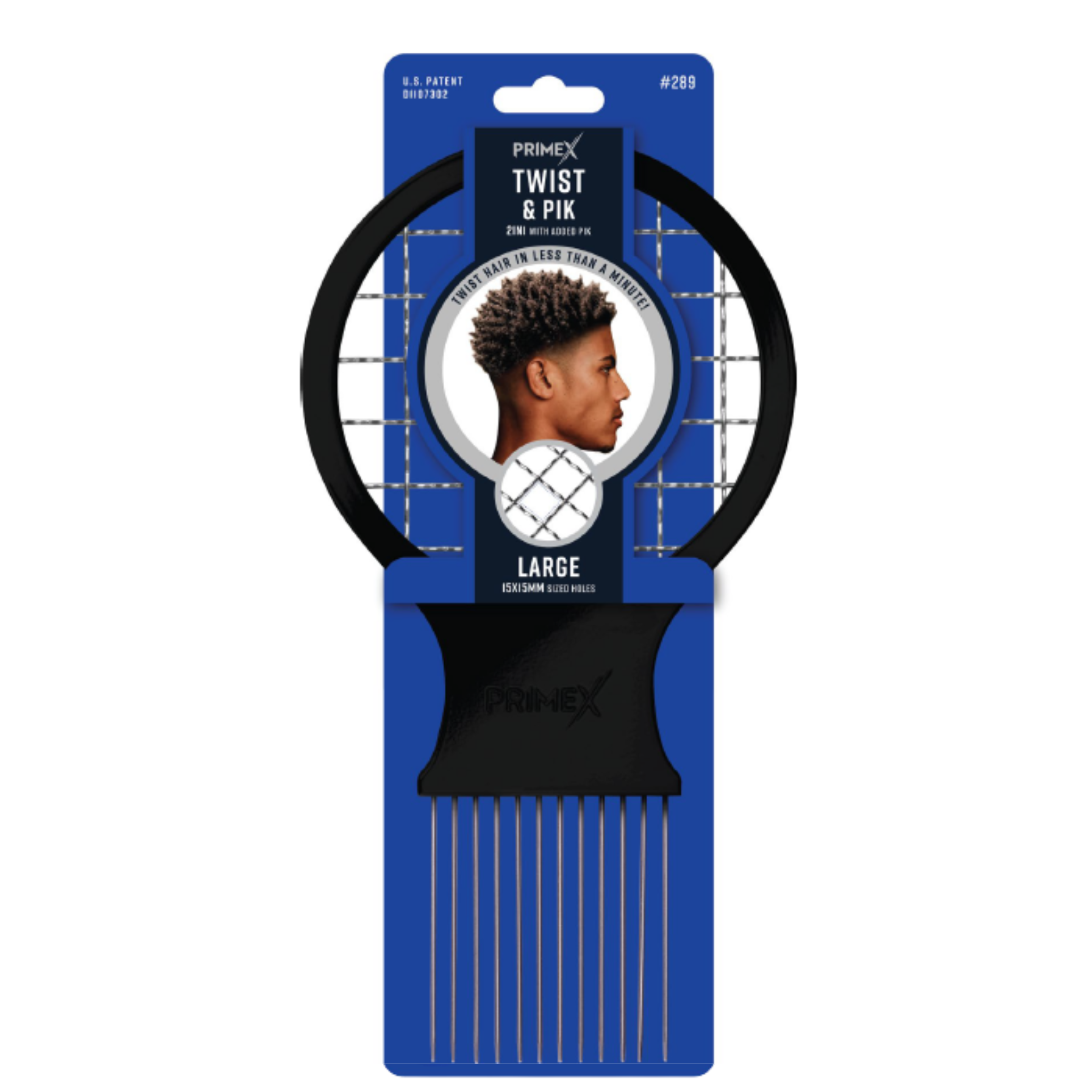 Black large Pik comb with long metal teeth designed for textured, natural hair, shown in packaging featuring a man with styled 4C hair.
