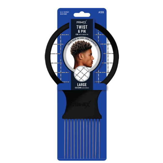 Black large Pik comb with long metal teeth designed for textured, natural hair, shown in packaging featuring a man with styled 4C hair.