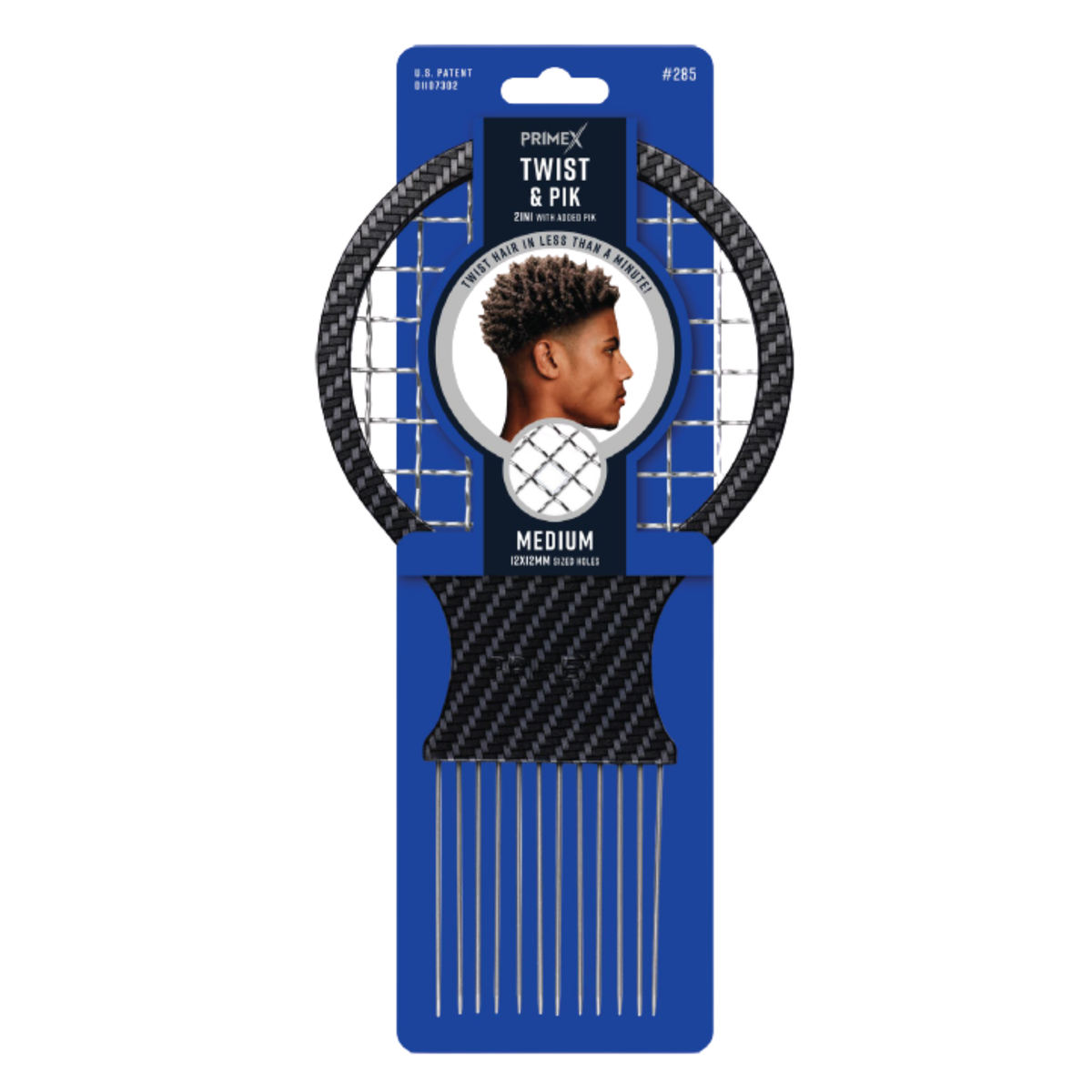 Medium-sized carbon fiber styled comb with metal pins for twisting and picking textured and natural hair, designed for professional and personal hairstyling use.