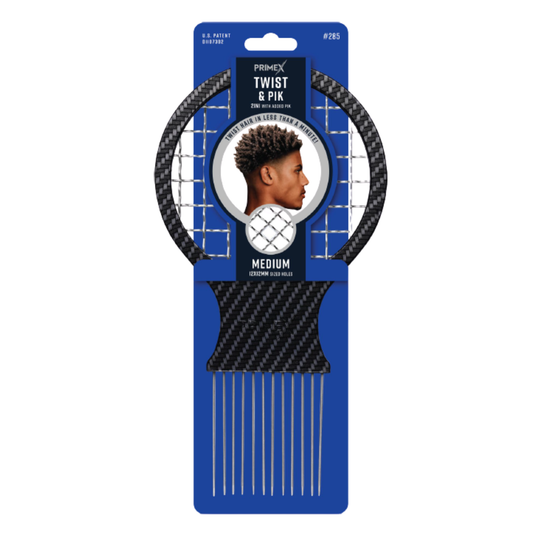 Medium-sized carbon fiber styled comb with metal pins for twisting and picking textured and natural hair, designed for professional and personal hairstyling use.