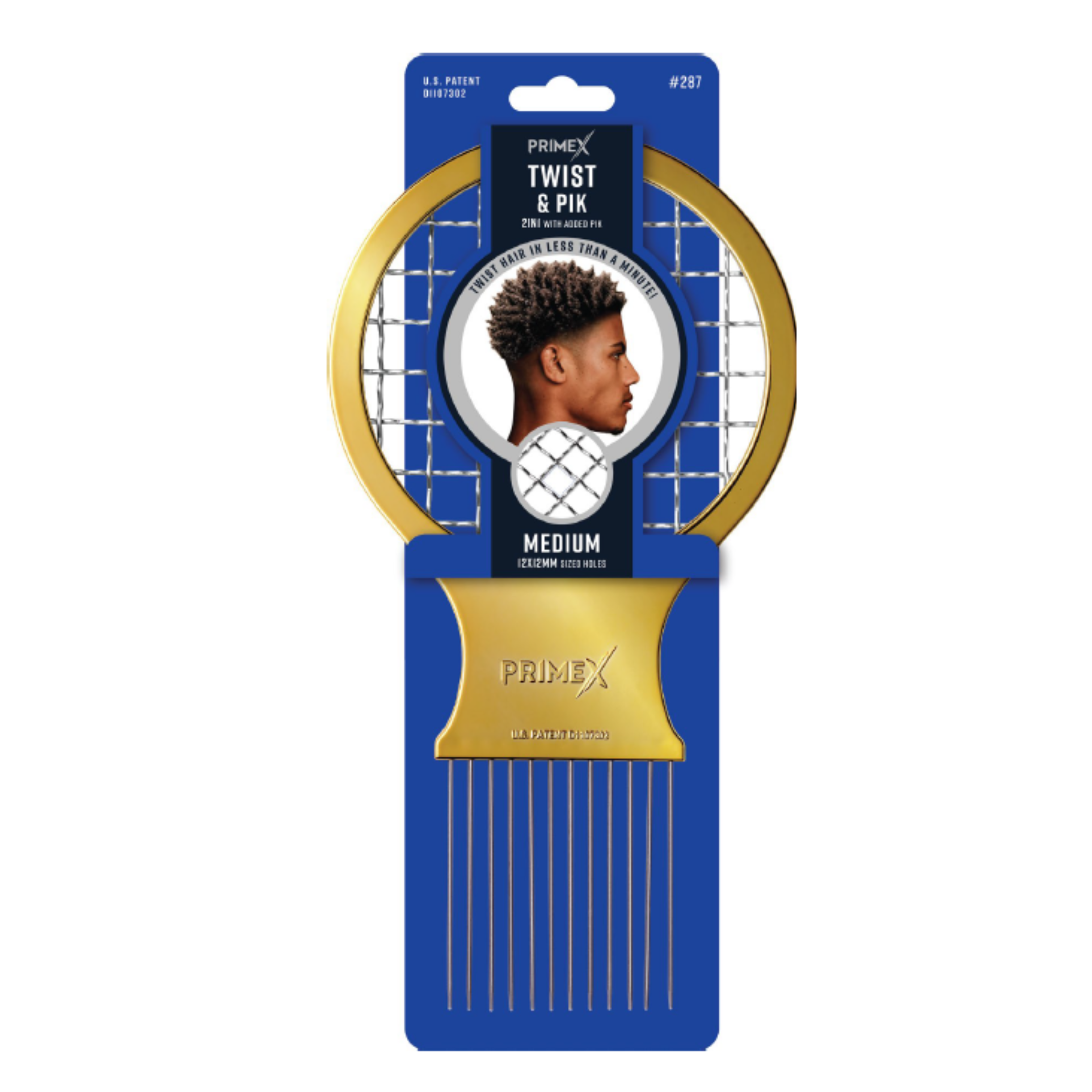 Medium-sized gold twist and pik comb designed for textured and multicultural hair, packaged on a blue backing card with styling information.