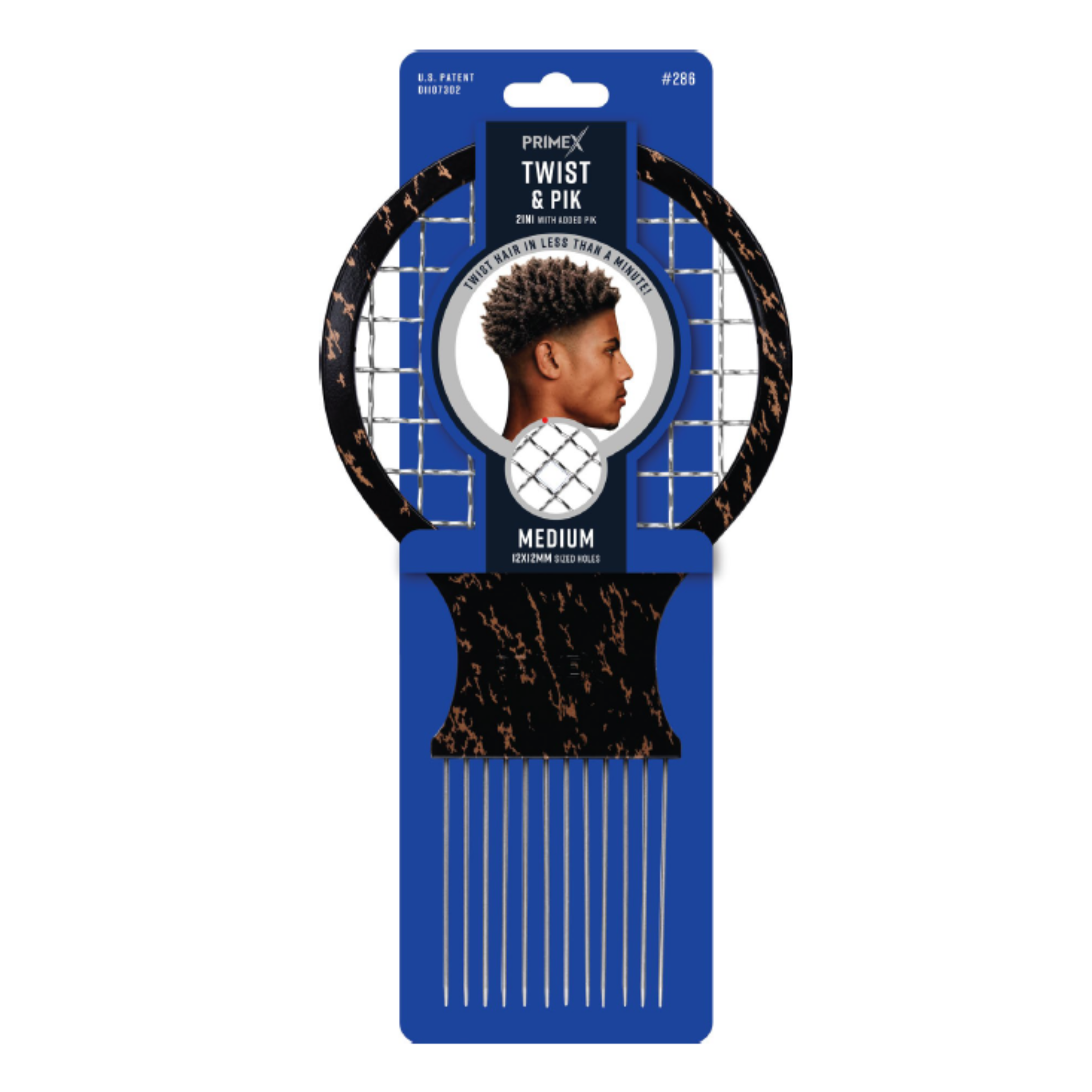 Medium-sized marble-patterned twist and pick comb with metal prongs, designed for textured and multicultural hair styling by Annie International.