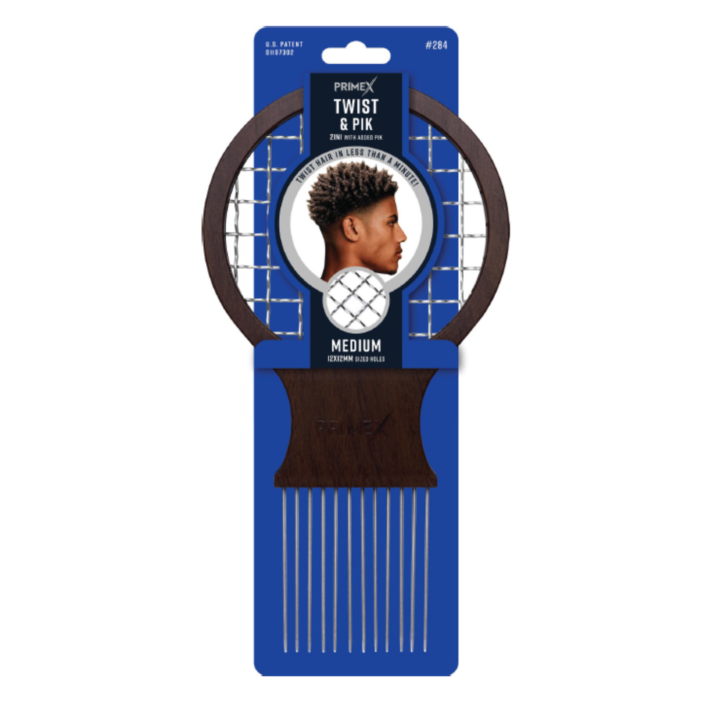 Medium-sized wooden twist and pik comb with metal prongs, designed for textured and multicultural hair, displayed in blue branded packaging with a side profile image of a man.