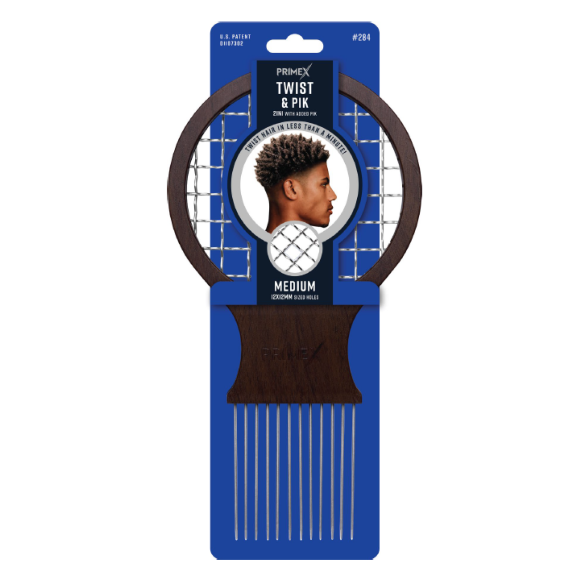 Medium-sized wooden twist and pik comb with metal prongs, designed for textured and multicultural hair, displayed in blue branded packaging with a side profile image of a man.