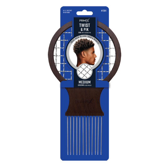 Medium-sized wooden twist and pik comb with metal prongs, designed for textured and multicultural hair, displayed in blue branded packaging with a side profile image of a man.