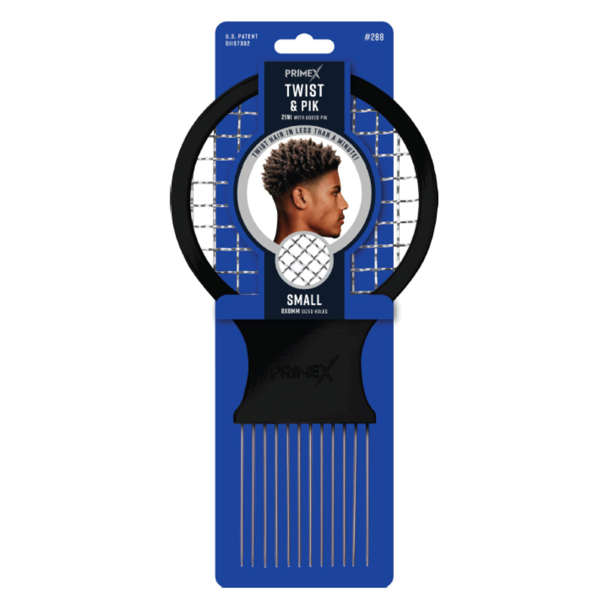 Black small twist and pik comb with metal prongs and ergonomic handle, designed for textured and multicultural hair styling, displayed on blue branded packaging.