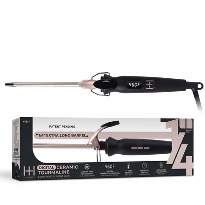 A digital ceramic tourmaline hair styling tool shown above its retail box on a white background. The tool has a black handle with a digital temperature display reading 460F, a metallic barrel, and a black cord loop.