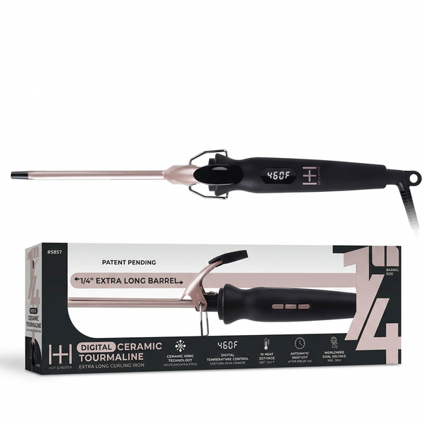 A digital ceramic tourmaline hair styling tool shown above its retail box on a white background. The tool has a black handle with a digital temperature display reading 460F, a metallic barrel, and a black cord loop.