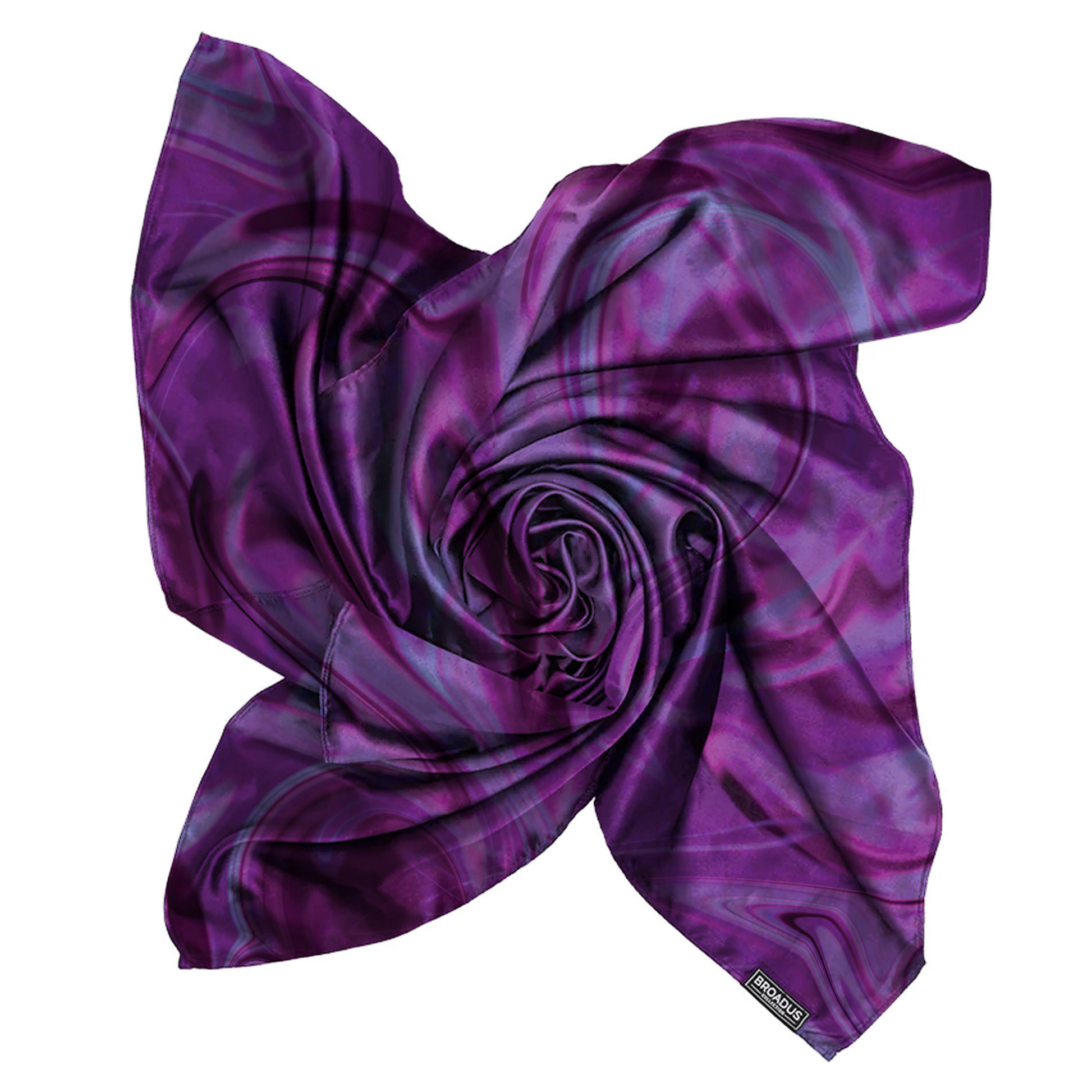 Broadus Collection Headwrap Scarf by Shante & Snoop Dogg, Purple Butterfly features a silky, vibrant purple fabric with abstract butterfly-inspired swirls, perfect for stylish hair care wraps.