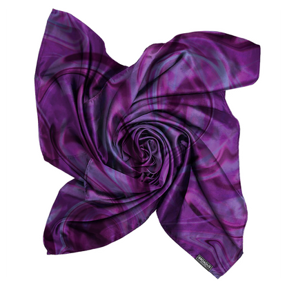 Broadus Collection Headwrap Scarf by Shante & Snoop Dogg, Purple Butterfly features a silky, vibrant purple fabric with abstract butterfly-inspired swirls, perfect for stylish hair care wraps.