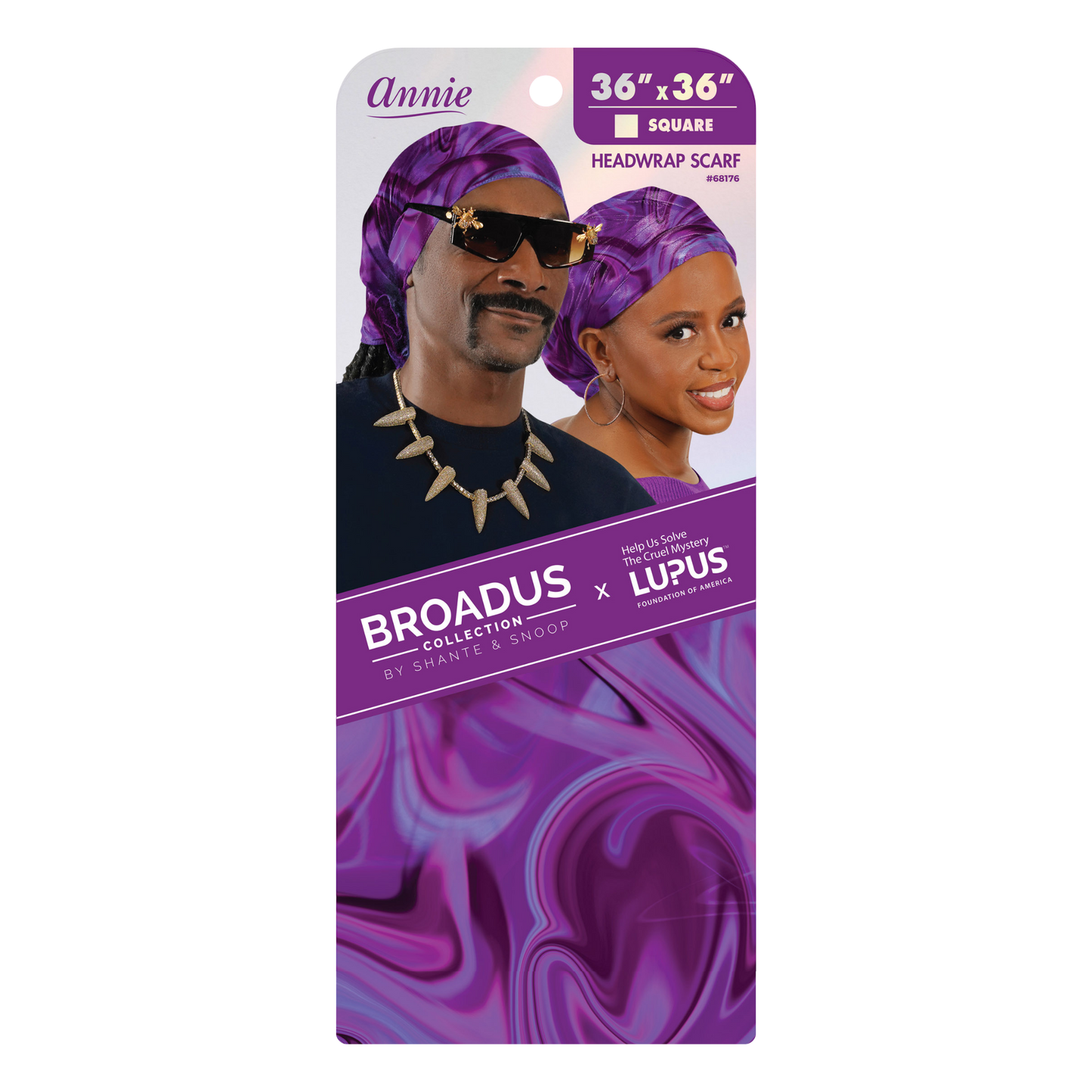 Broadus Collection Headwrap Scarf by Shante & Snoop Dogg, Purple Butterfly shown in vibrant purple swirl print on packaging featuring models wearing matching headwraps promoting lupus awareness.