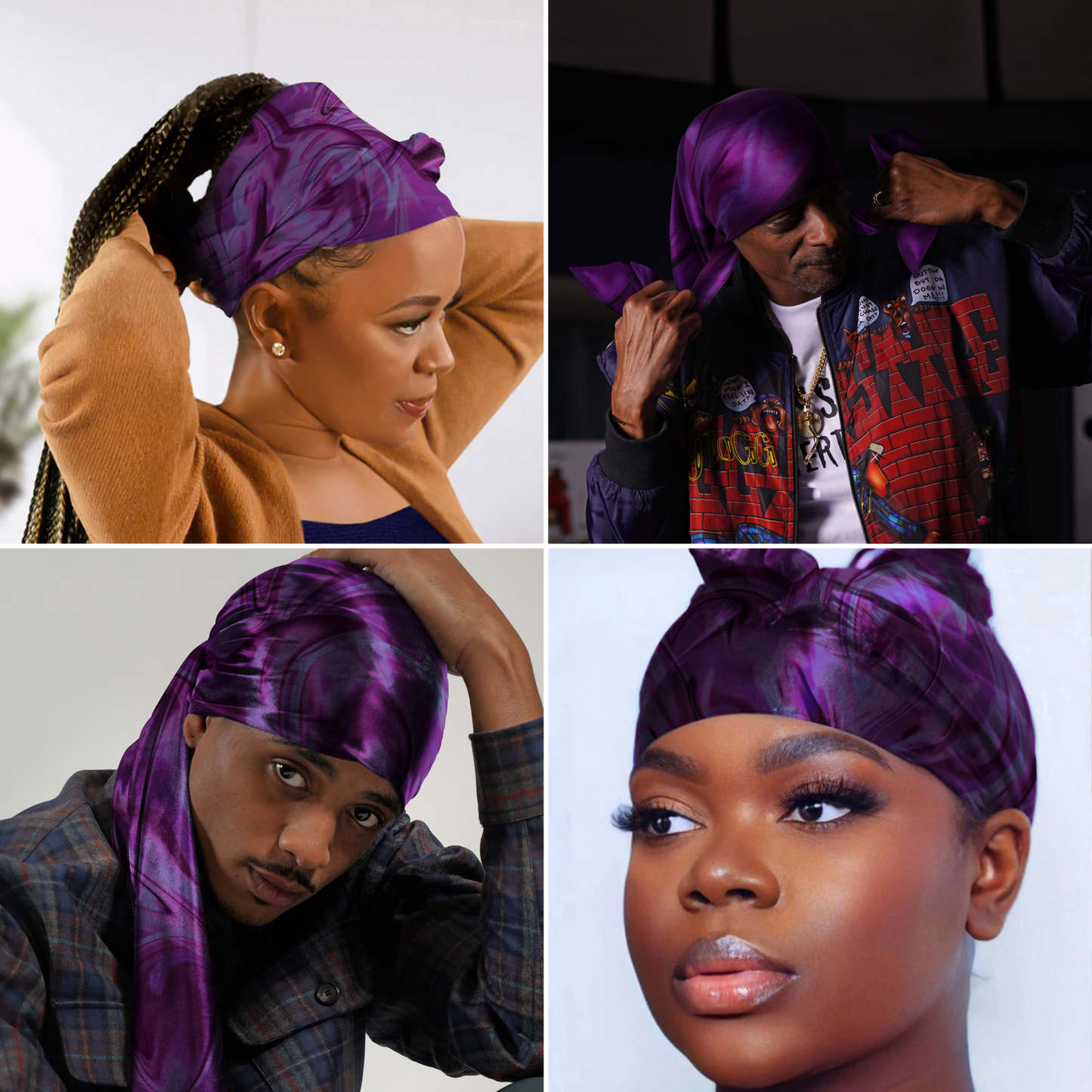 Four diverse individuals showcase the Broadus Collection Headwrap Scarf by Shante & Snoop Dogg, Purple Butterfly, styled in rich purple tones with a smooth satin finish, highlighting versatile, protective hair care wraps designed for all hair types.