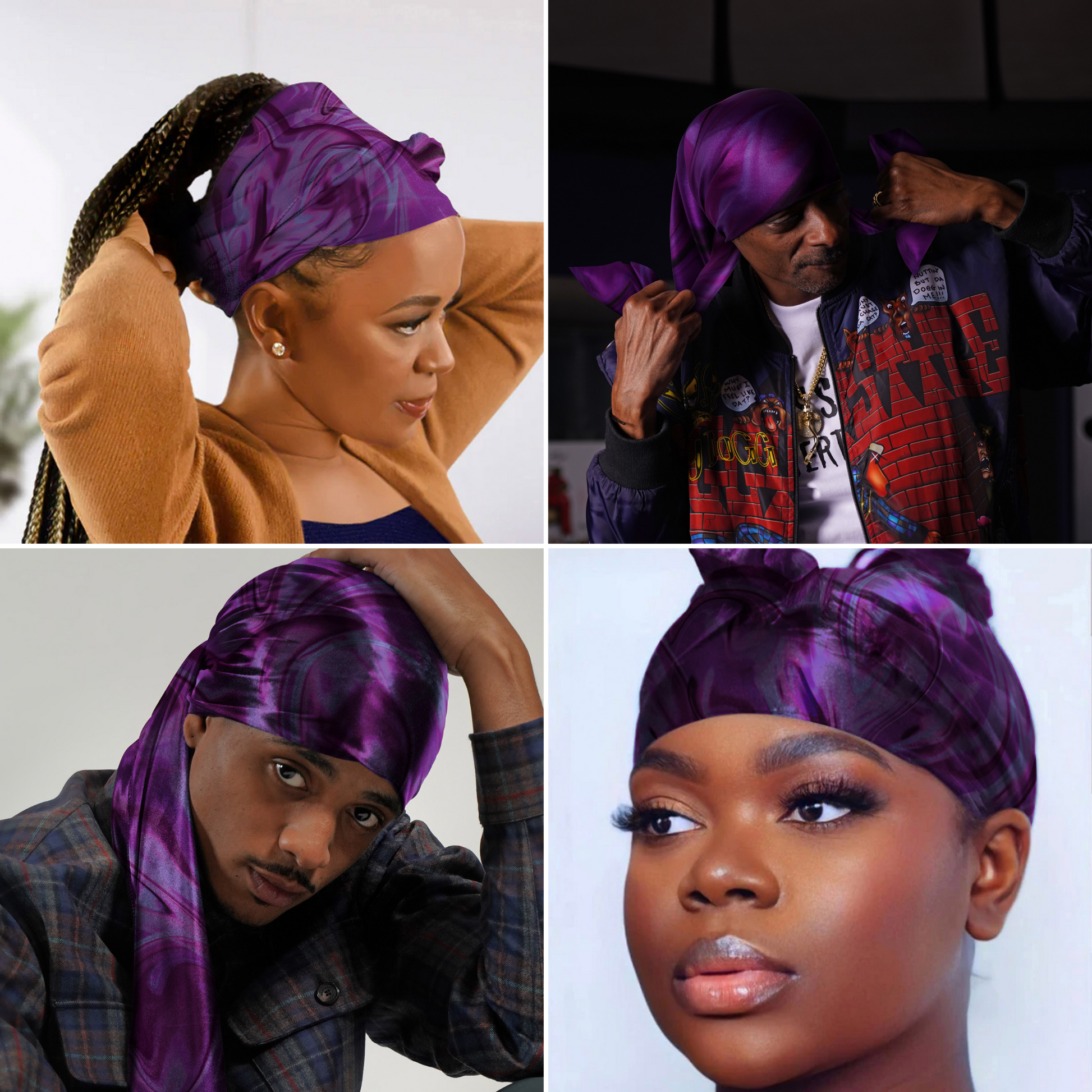 Four diverse individuals showcase the Broadus Collection Headwrap Scarf by Shante & Snoop Dogg, Purple Butterfly, styled in rich purple tones with a smooth satin finish, highlighting versatile, protective hair care wraps designed for all hair types.