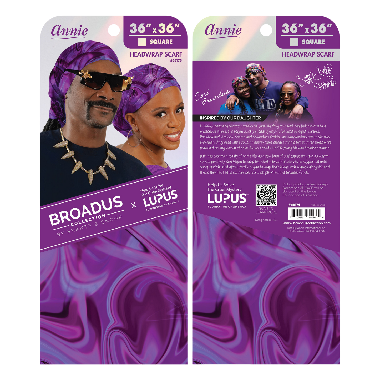 Broadus Collection Headwrap Scarf by Shante & Snoop Dogg, Purple Butterfly displayed on retail packaging featuring a vibrant purple abstract swirl design and images of Shante & Snoop Dogg wearing matching headwraps promoting lupus awareness.
