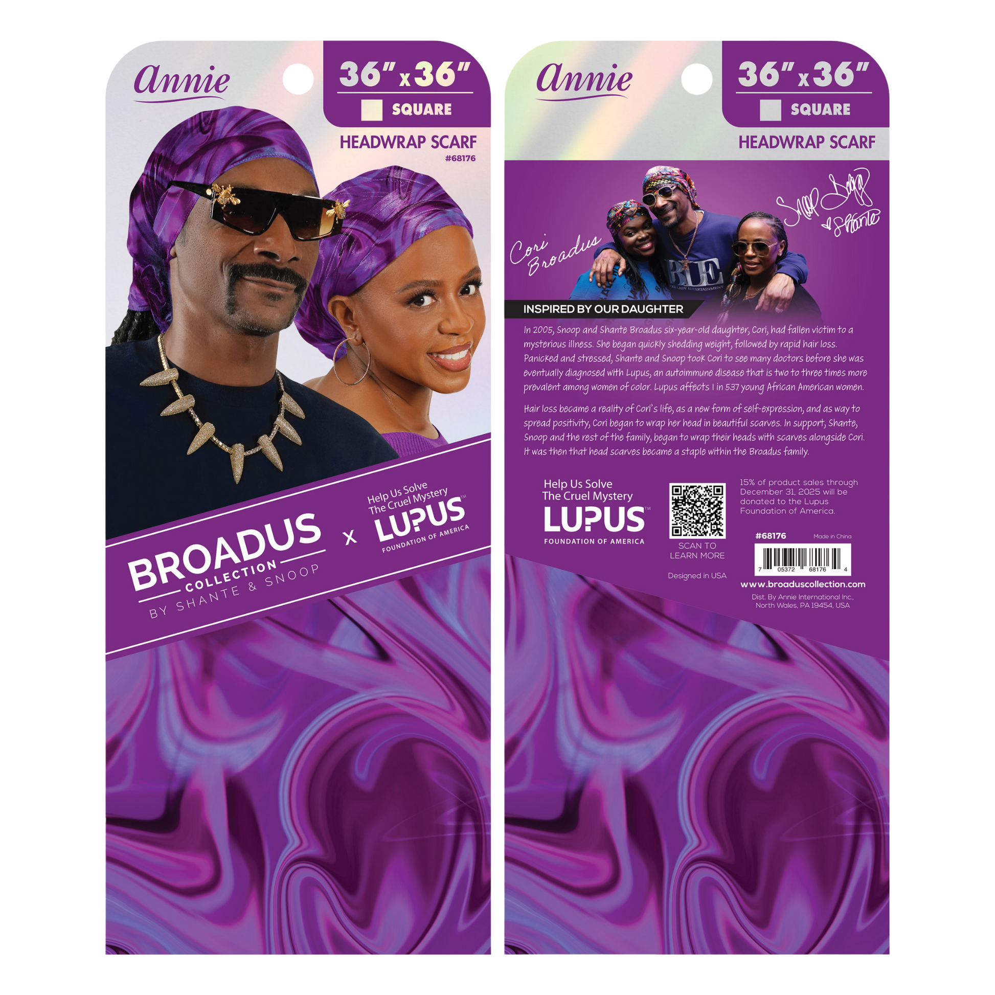 Broadus Collection Headwrap Scarf by Shante & Snoop Dogg, Purple Butterfly displayed on retail packaging featuring a vibrant purple abstract swirl design and images of Shante & Snoop Dogg wearing matching headwraps promoting lupus awareness.