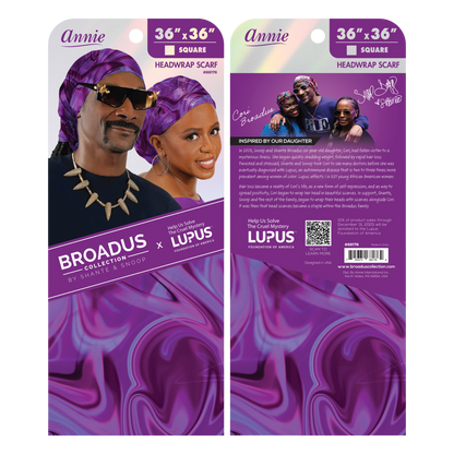Broadus Collection Headwrap Scarf by Shante & Snoop Dogg, Purple Butterfly displayed on retail packaging featuring a vibrant purple abstract swirl design and images of Shante & Snoop Dogg wearing matching headwraps promoting lupus awareness.