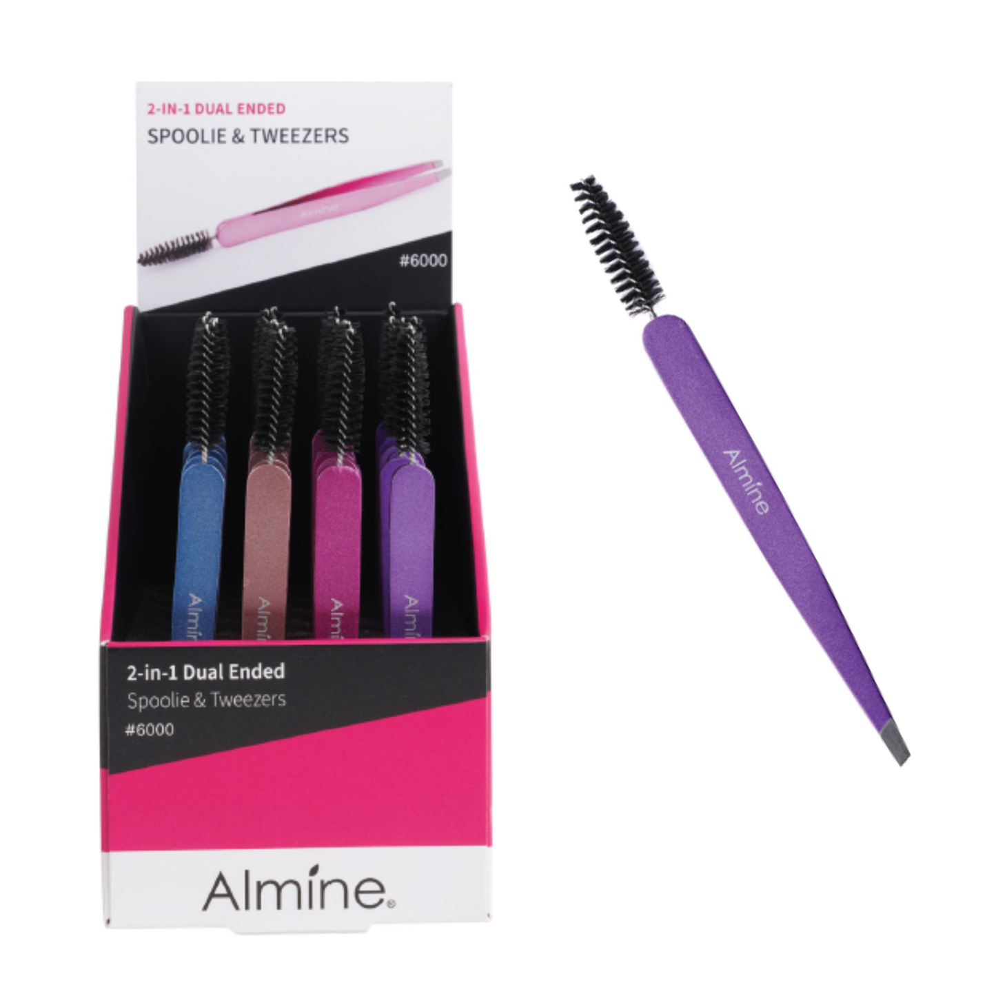 Almine 2-in-1 dual-ended spoolie and slanted tweezer in assorted colors with ergonomic handle, 24 count display set