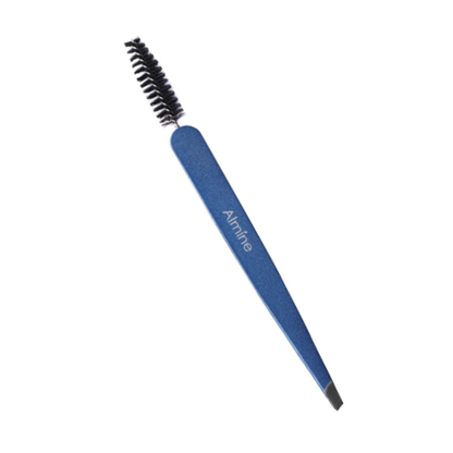 Almine 2 in 1 dual-ended stainless steel tool with spoolie brush and slanted tweezer in blue matte finish