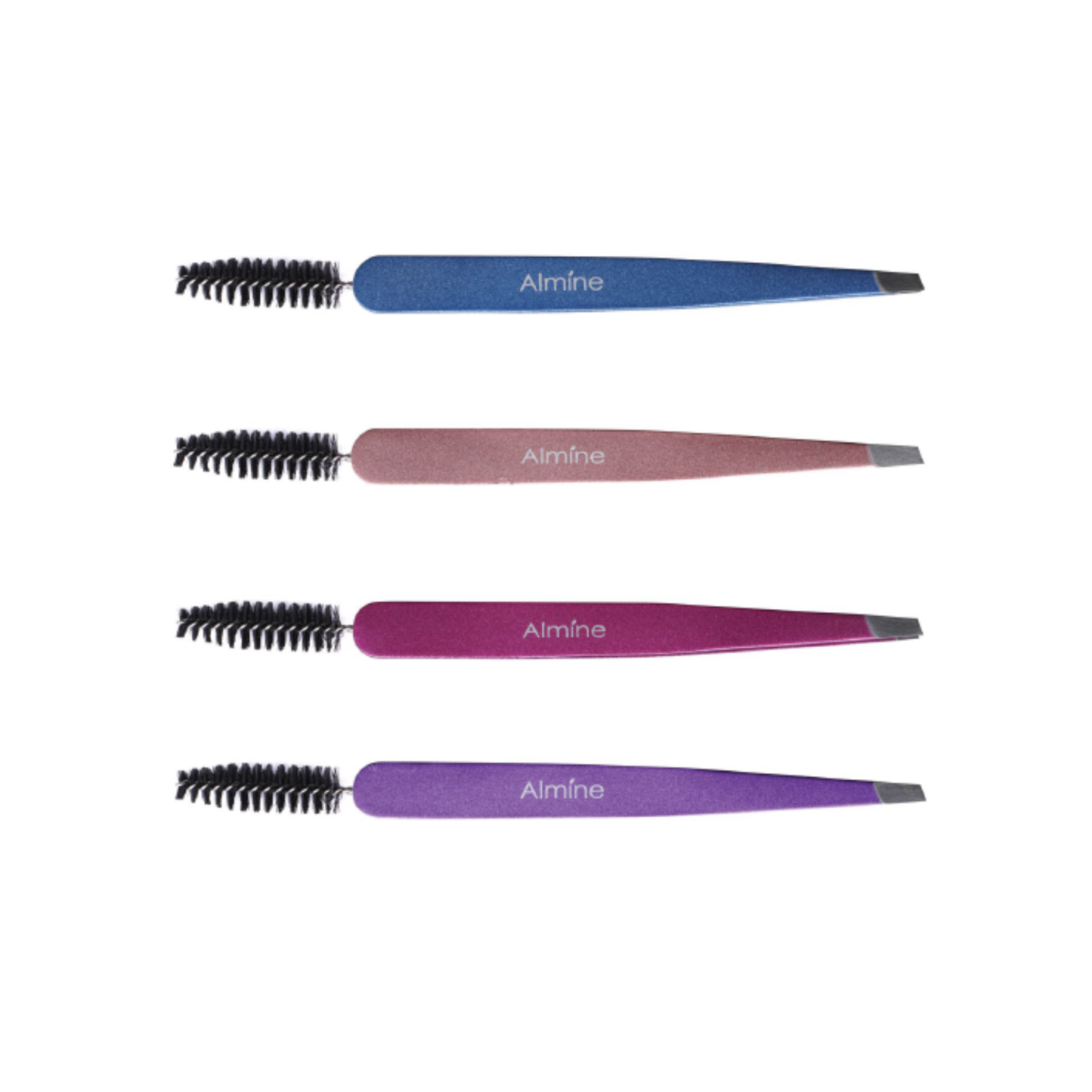 Almine 2 in 1 dual-ended spoolie and slanted tweezer tools in blue, rose, pink, and purple with ergonomic handles.