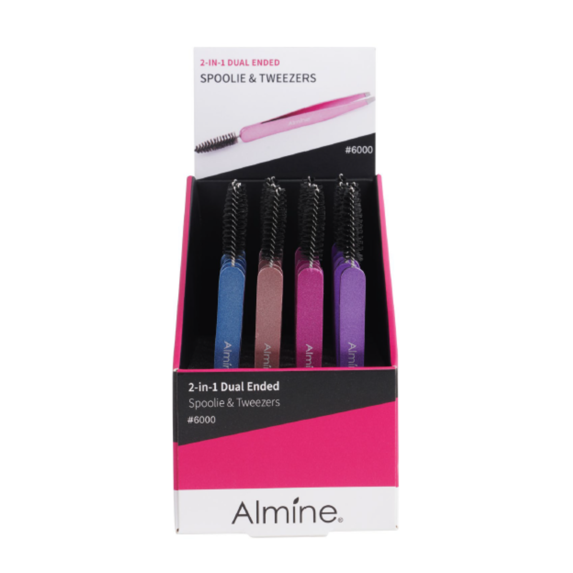 Almine 2 in 1 dual-ended spoolie and slanted tweezer set in assorted colors, displayed in 24 count box