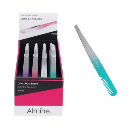 Almine 2 in 1 dual ended comb and slanted tweezer set in stainless steel with gradient teal handle, 24 count display box