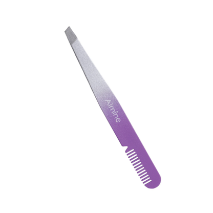 Almine 2 in 1 dual-ended stainless steel comb and slanted tweezer with gradient purple ergonomic handle.