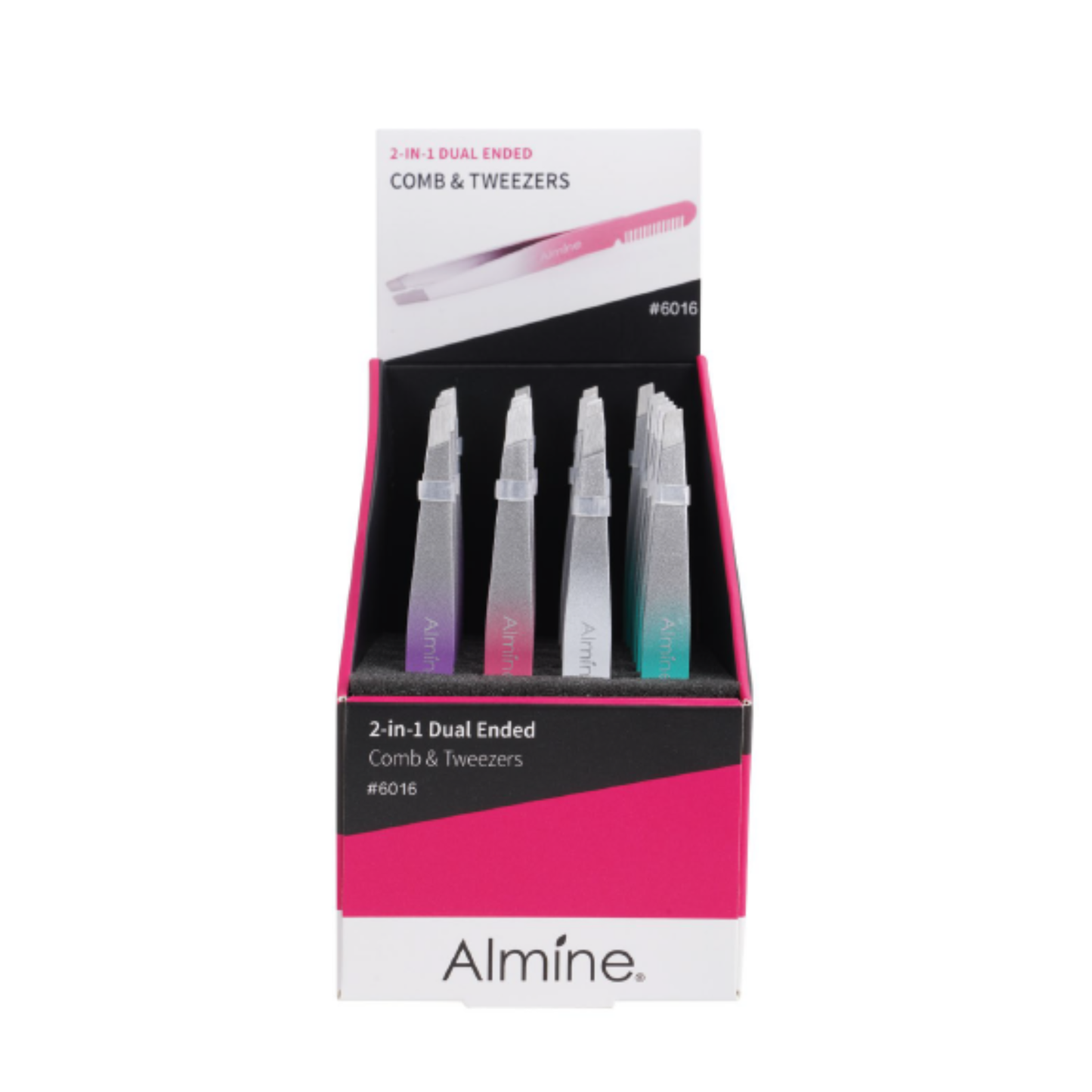 Almine 2-in-1 dual-ended stainless steel comb and slanted tweezer set in silver with pink and blue accents, 24 count display