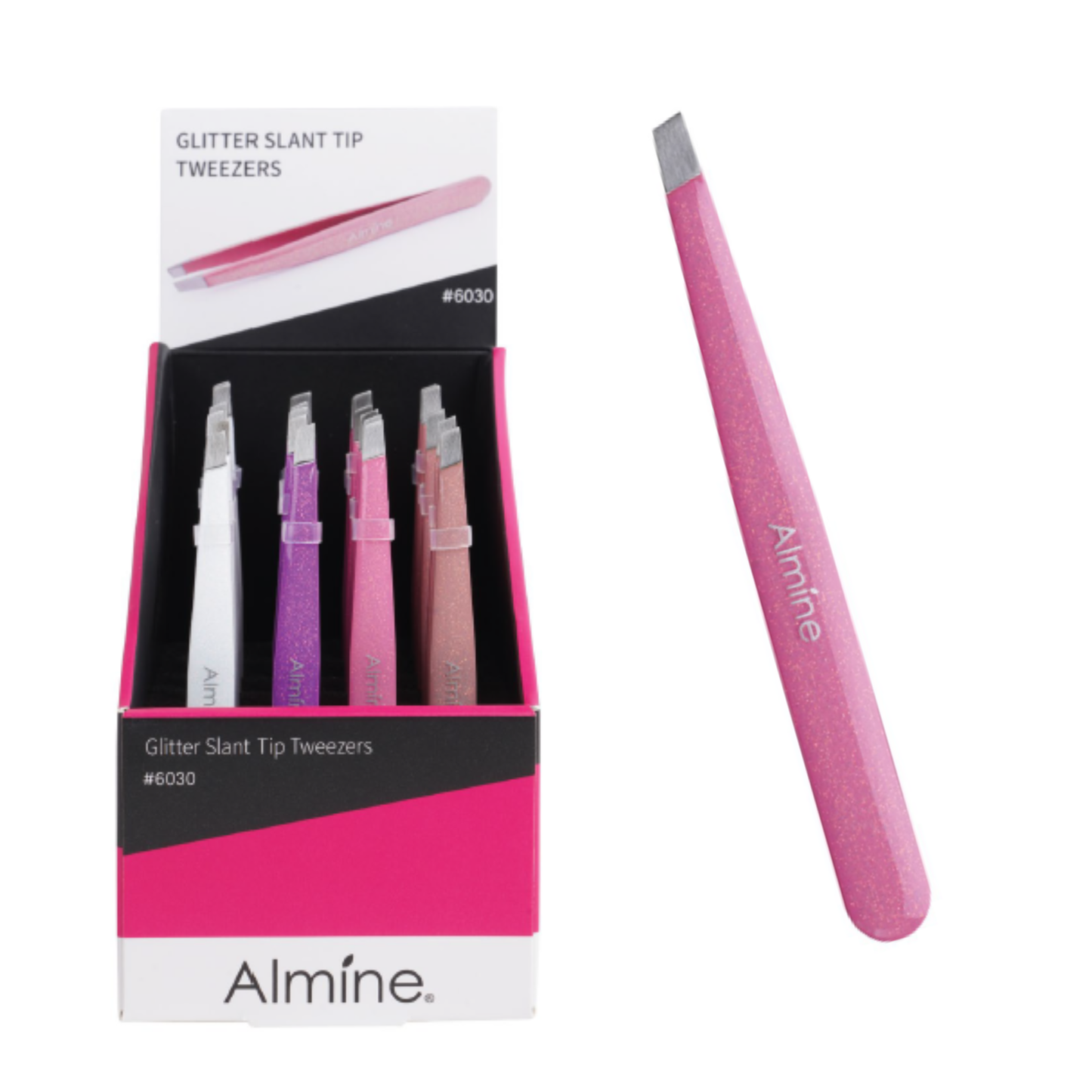 Almine Glitter Slant Tip Tweezers 24 count display set with precision tips and sparkling epoxy coating in assorted colors