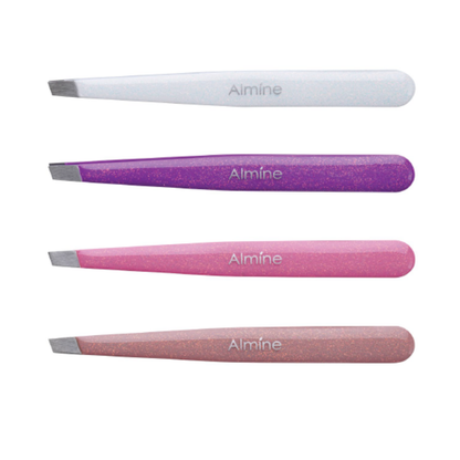 Set of four Almine slant tip tweezers in white, purple, pink, and rose with glitter epoxy coating and stainless steel tips