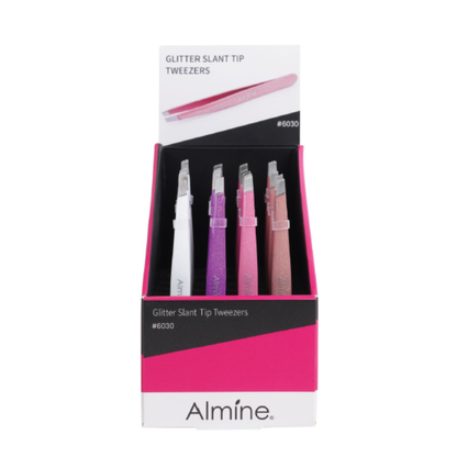 Almine Glitter Slant Tip Tweezers 24 count display set with colorful glitter epoxy coating and precision stainless steel tips.