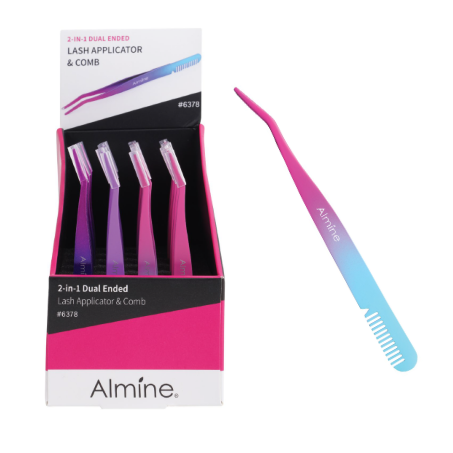 Almine 2 in 1 dual ended lash applicator and comb in pink and blue gradient with protective cap, 24 count display box