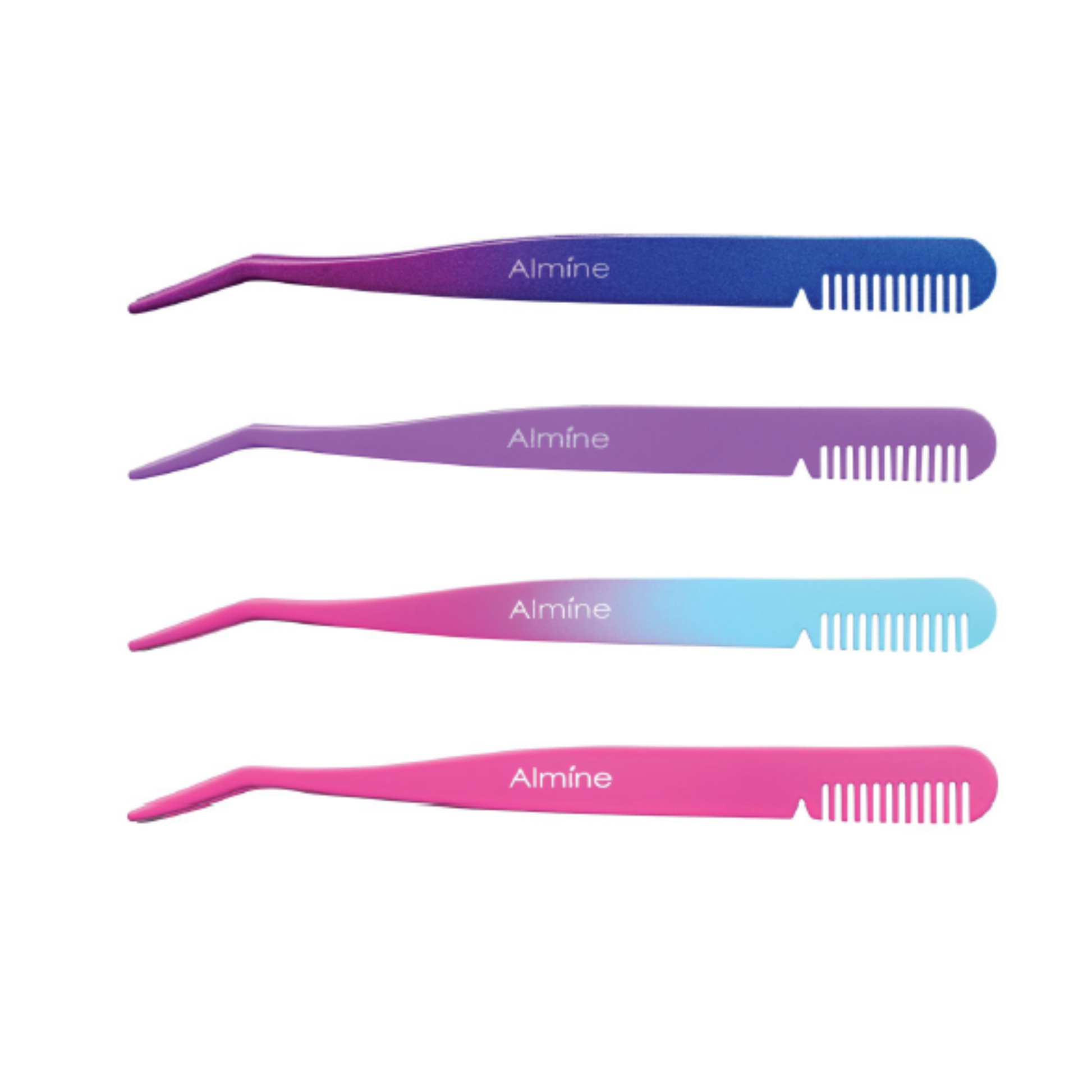 Almine 2 in 1 dual ended comb and false eyelash applicator tweezer set in gradient purple, lavender, blue, and pink colors.