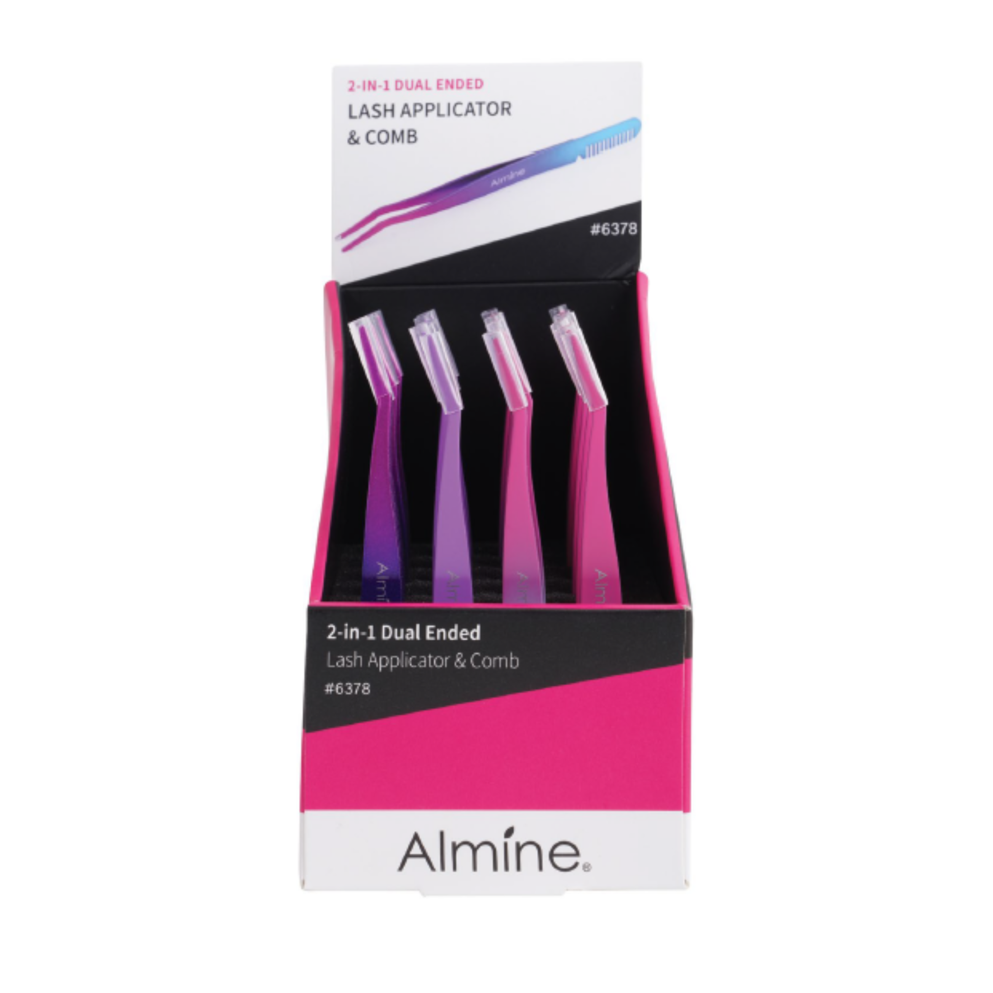 Almine 2 in 1 dual ended lash applicator and comb tool in purple and pink shades, 24 count display box