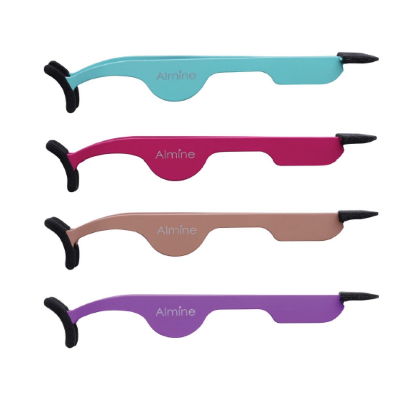Set of four Almine Easy Grip rubber tip lash applicator tweezers in teal, burgundy, taupe, and purple for precise lash placement