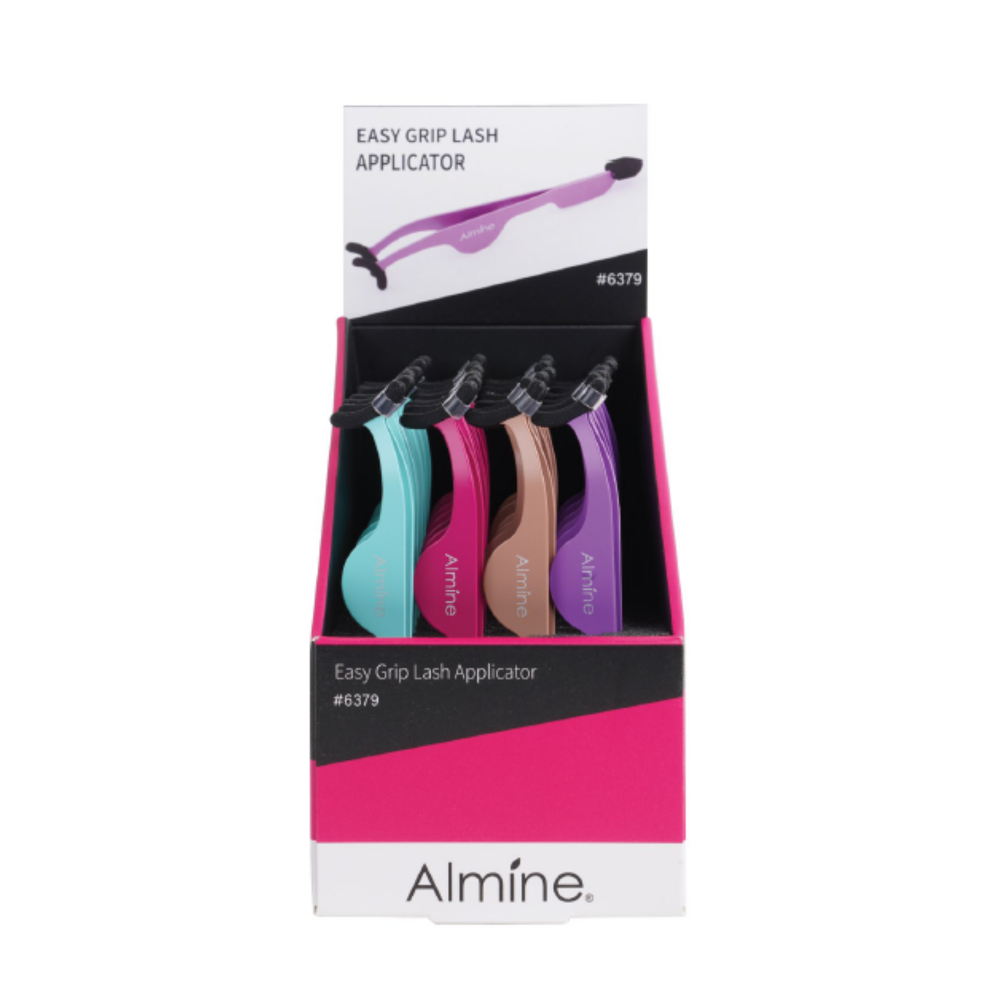 Almine Easy Grip Rubber Tip Lash Applicator 24ct display with curved ergonomic handles in assorted colors