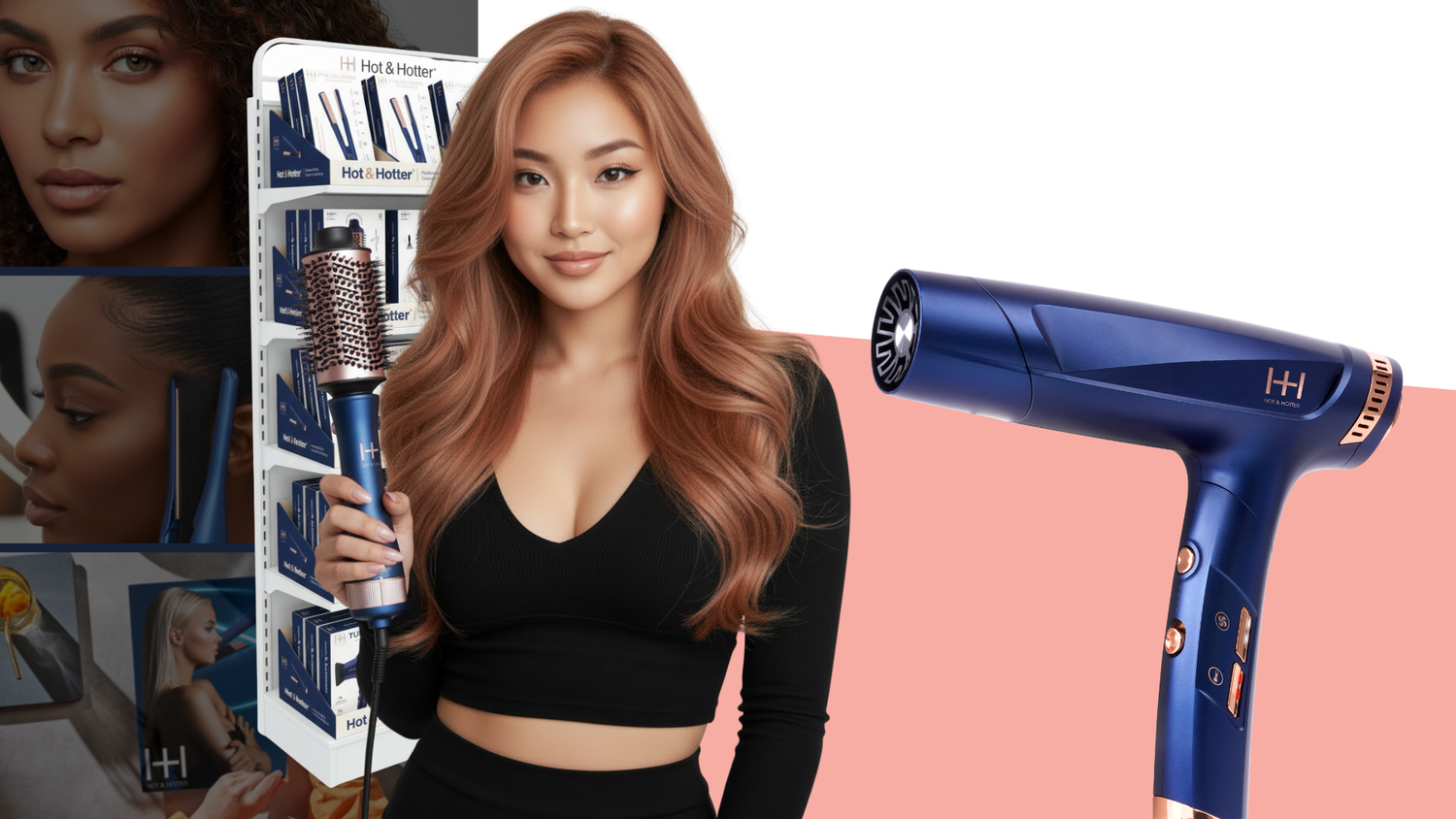 Young woman with long wavy hair holding a blue round hairbrush dryer next to a matching blue hairdryer on peach background