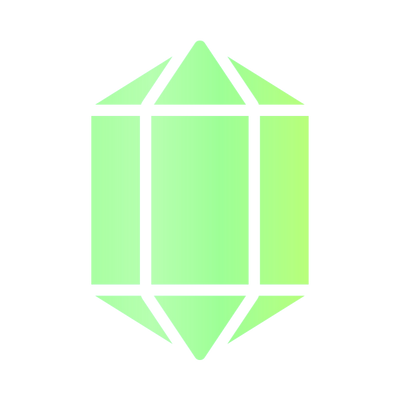 Green geometric crystal shape with six facets on a black background with a subtle glow effect