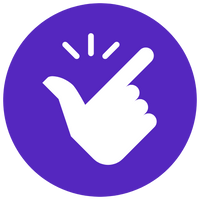 White hand icon snapping fingers with three lines above the index finger on a solid purple circular background