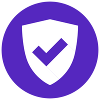 Purple circular icon featuring a white shield with a bold checkmark in the center and subtle shading details
