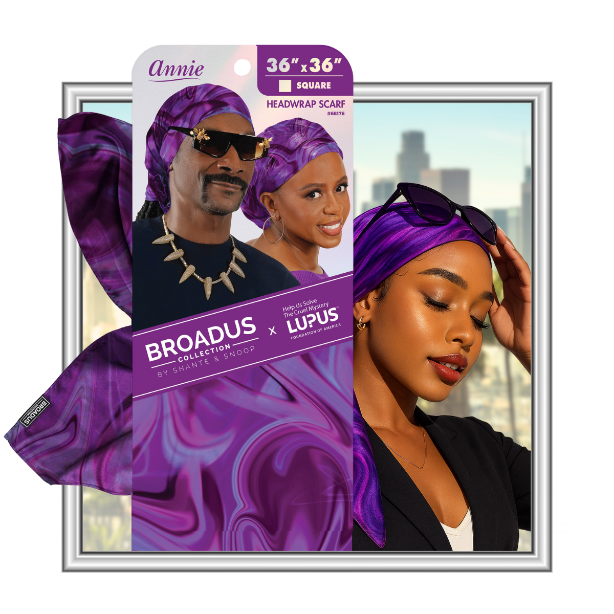 Purple and black marbled square headwrap displayed with images of a man and woman wearing the scarf against a city skyline background