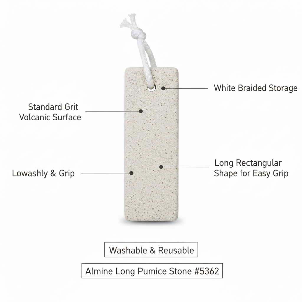 Long rectangular white pumice stone with standard grit volcanic surface, low ashly texture for grip, and white braided storage loop, designed for easy use and durability.