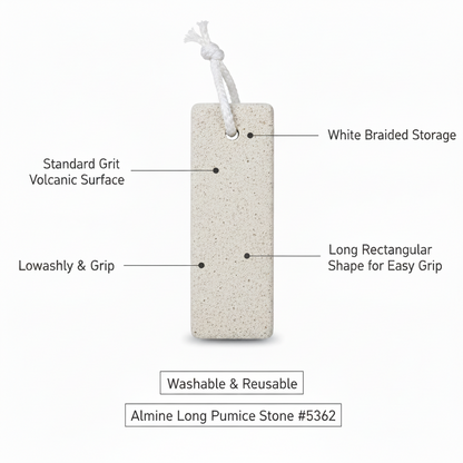 Long rectangular white pumice stone with standard grit volcanic surface, low ashly texture for grip, and white braided storage loop, designed for easy use and durability.