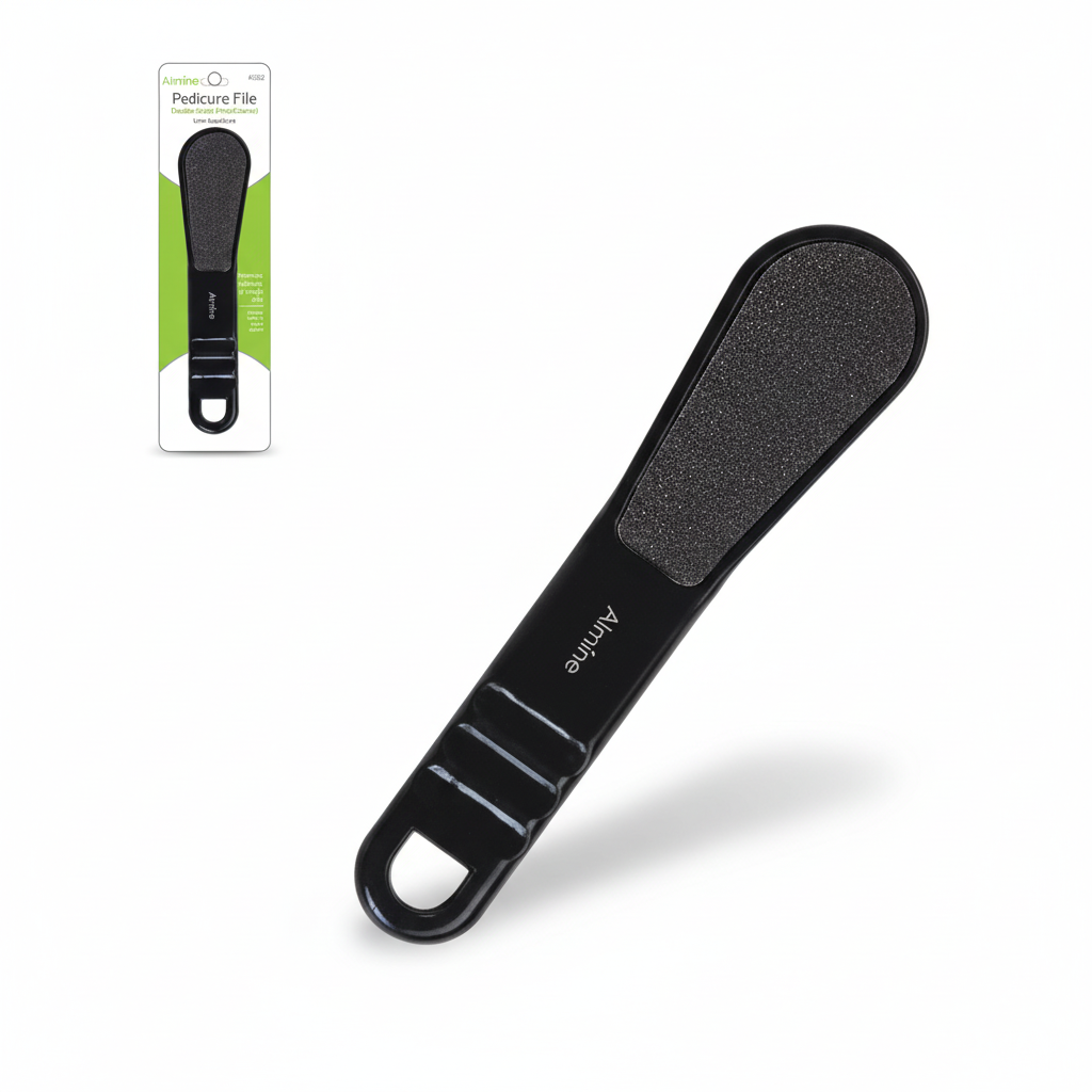 Almine Angled Pedicure File, 1 Count, Assorted Color featuring a black ergonomic handle and textured filing surface for effective removal of rough skin and calluses.