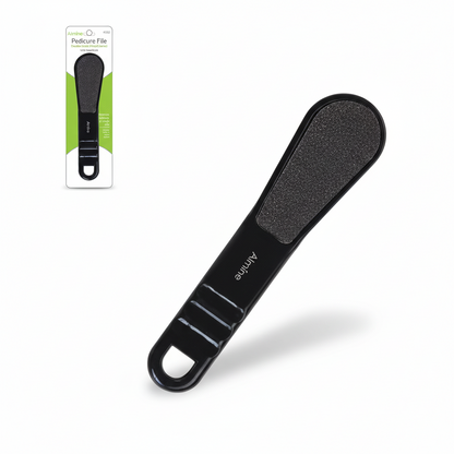 Almine Angled Pedicure File, 1 Count, Assorted Color featuring a black ergonomic handle and textured filing surface for effective removal of rough skin and calluses.